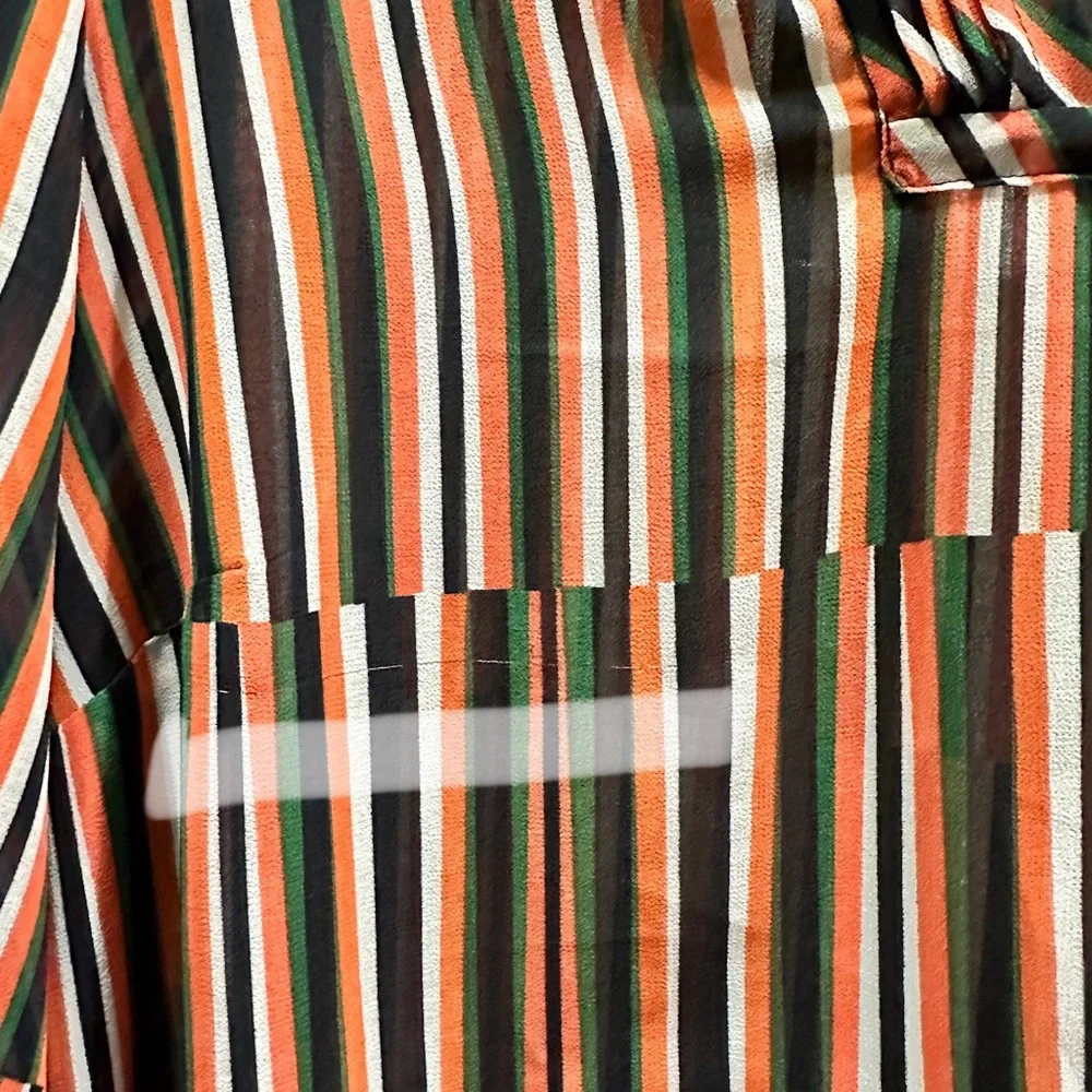 CAbi long sleeved, v-neck, striped sheer pullover‎ blouse. Navy, red, green. - Picture 11 of 12